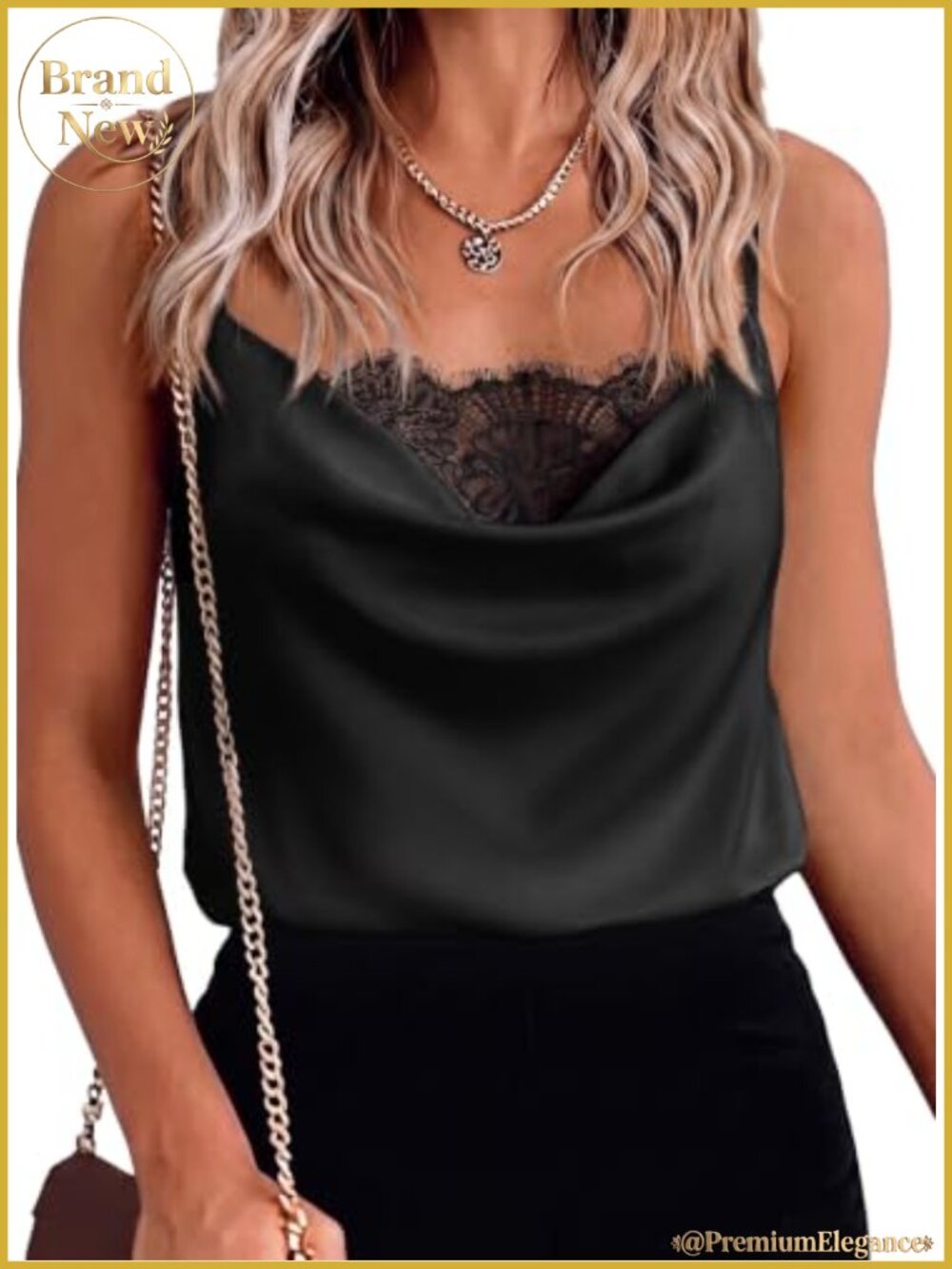 Women's Satin Silk Cowl Neck Cami - Lace Trim Tank Top Date Night